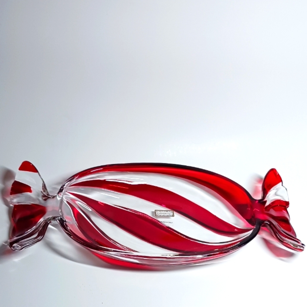 LARGE OVAL Godinger Red and Clear SWIRL Striped Art Glass Candy Dish